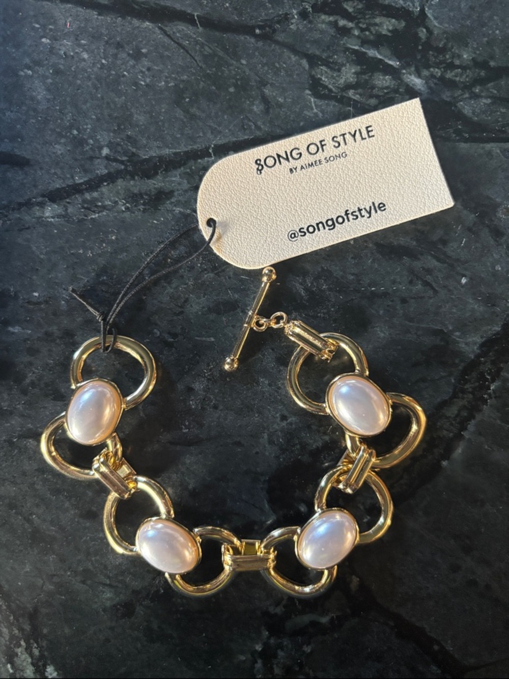 Song of Style Gold Link Bracelet with White Pearl Cabochons